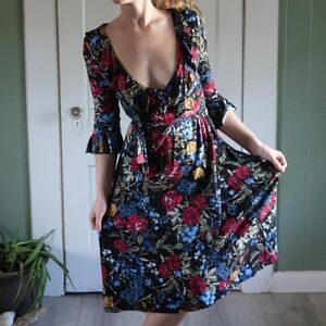 Rainbow and black floral flowy dress with tie waist